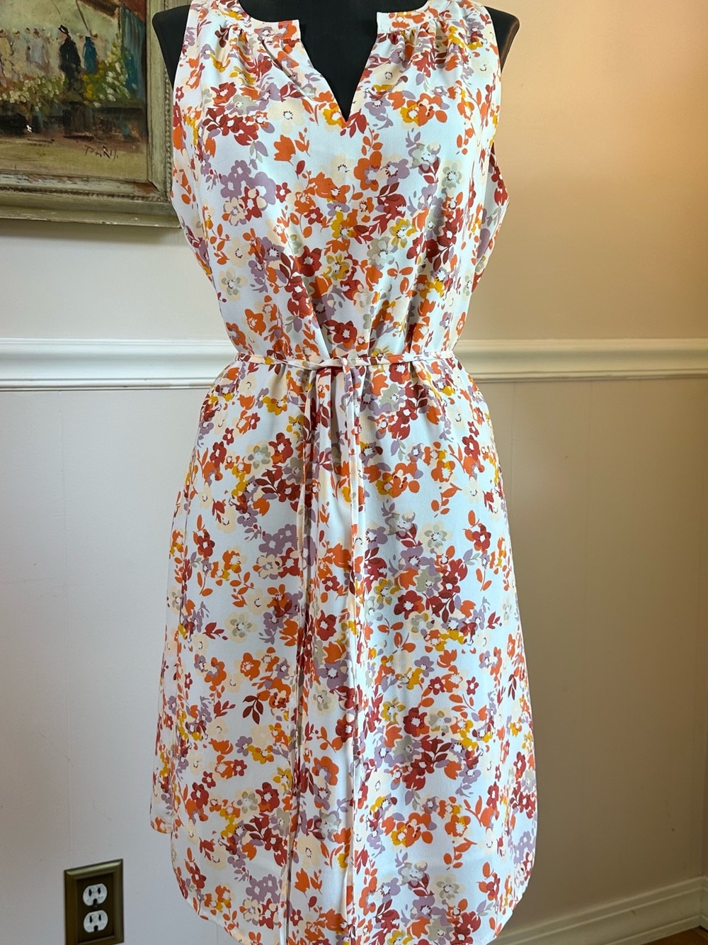 LOFT Outlet White Midi Dress with Orange, Purple & Yellow Floral Print - Small
